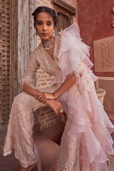 Shop_NIDHIKA SHEKHAR_Beige Organza, Georgette Pearls, Ganga Mahotsav Embroidered Kurta Sharara Set _Online_at_Aza_Fashions