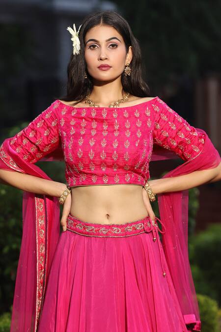 House Of Mithi Kalra_Pink Banarasi Silk Hand Embroidered Zardosi One Shoulder Blouse Lehenga Set _Online_at_Aza_Fashions