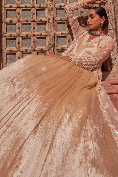 NIDHIKA SHEKHAR_Beige Organza, Crepe Embroidery V-neck Brahmotsav Neckline Anarkali With Cape _Online_at_Aza_Fashions