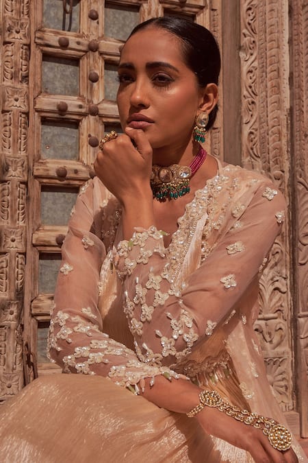 Buy_NIDHIKA SHEKHAR_Beige Organza, Crepe Embroidery V-neck Brahmotsav Neckline Anarkali With Cape _Online_at_Aza_Fashions