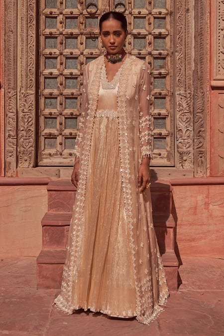 Shop_NIDHIKA SHEKHAR_Beige Organza, Crepe Embroidery V-neck Brahmotsav Neckline Anarkali With Cape _Online_at_Aza_Fashions