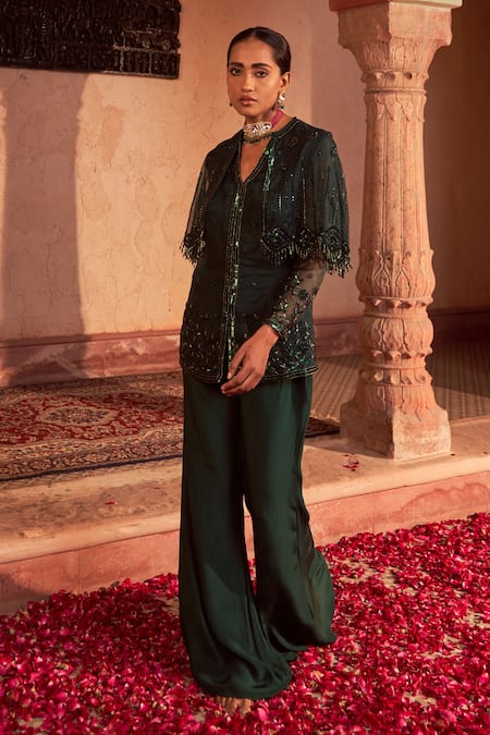 Buy_NIDHIKA SHEKHAR_Green Georgette, Linen Embroidery, Tassels Bahu Mela Cape Kurta Sharara Set _Online_at_Aza_Fashions