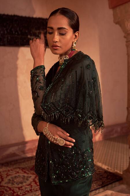 Shop_NIDHIKA SHEKHAR_Green Georgette, Linen Embroidery, Tassels Bahu Mela Cape Kurta Sharara Set _Online_at_Aza_Fashions