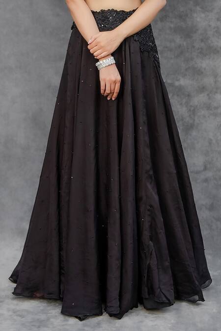 Sunita Bhandari_Black Viscose, Organza Cut Work, Embroidered Lehenga And Ruffle Blouse Set _at_Aza_Fashions