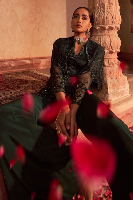 NIDHIKA SHEKHAR_Green Georgette, Linen Embroidery, Tassels Bahu Mela Cape Kurta Sharara Set _at_Aza_Fashions