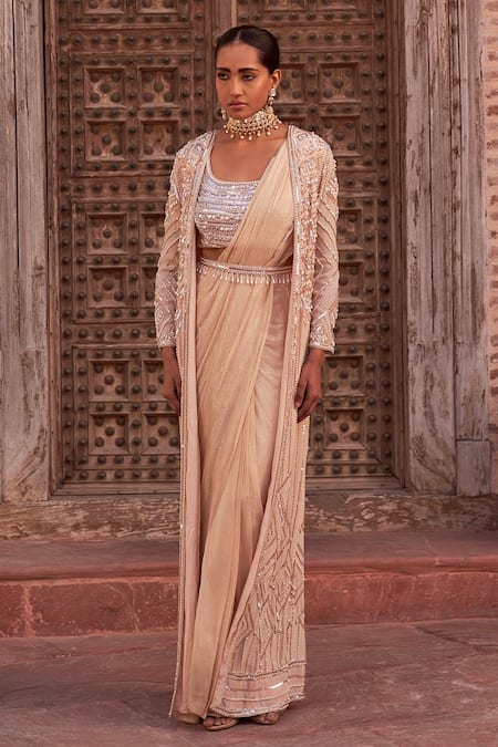 Buy_Nidhika Shekhar_Beige Silk, Crepe, Georgette Subh Bela Geometric Embroidered Cape Saree Set _Online_at_Aza_Fashions