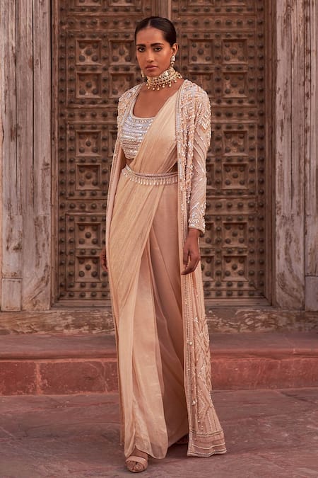 Shop_Nidhika Shekhar_Beige Silk, Crepe, Georgette Subh Bela Geometric Embroidered Cape Saree Set _Online_at_Aza_Fashions