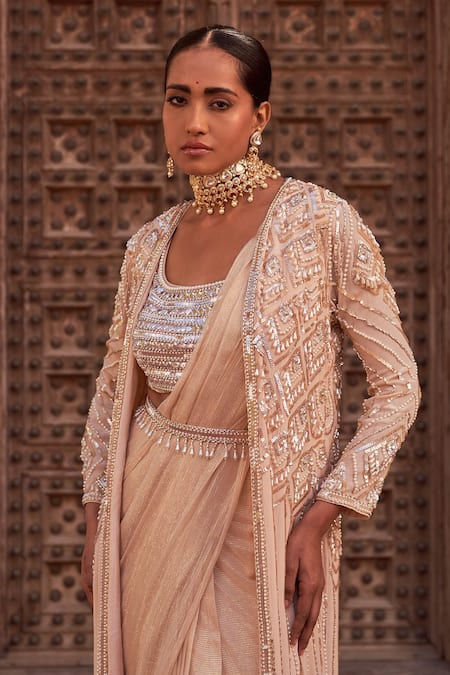 Nidhika Shekhar_Beige Silk, Crepe, Georgette Subh Bela Geometric Embroidered Cape Saree Set _at_Aza_Fashions
