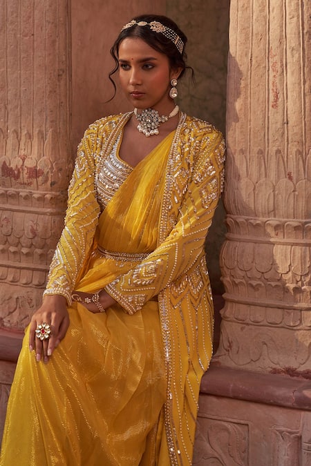 Nidhika Shekhar_Yellow Silk, Linen, Crepe, Georgette Pearls, Sequins, Subh Bela Cape Saree Set _Online_at_Aza_Fashions