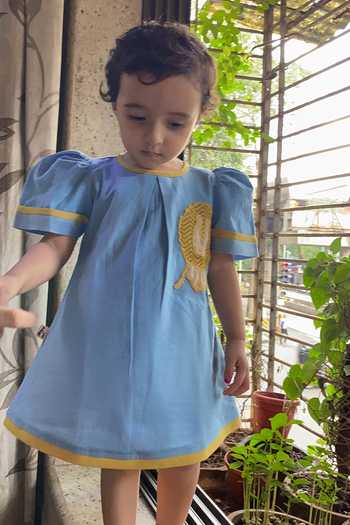 Mhysa_Blue Handloom Cotton Embroidery Lion Samara Patchwork Dress _Online_at_Aza_Fashions
