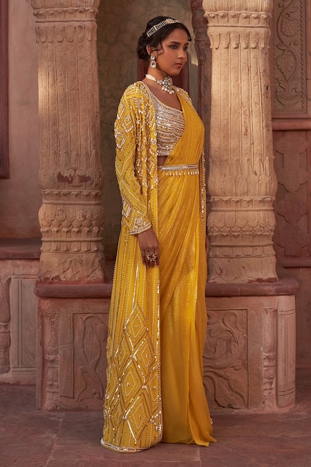 Buy_Nidhika Shekhar_Yellow Silk, Linen, Crepe, Georgette Pearls, Sequins, Subh Bela Cape Saree Set _Online_at_Aza_Fashions
