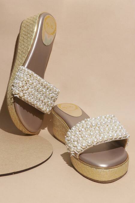 Myra_White Pearls Embellished Platform Wedges_Online_at_Aza_Fashions