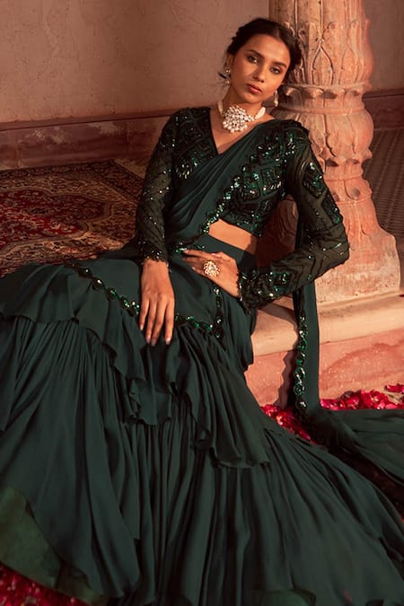 Nidhika Shekhar_Green Georgette Embroidery Subh Shree Pre-draped Lehenga Saree With Blouse _Online_at_Aza_Fashions