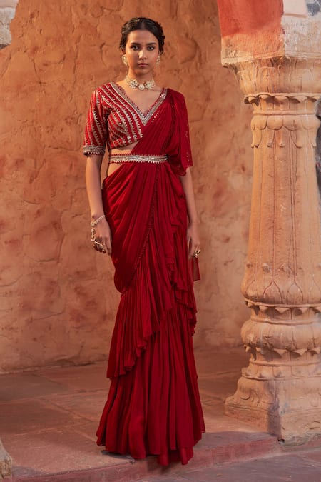 NIDHIKA SHEKHAR_Red Silk, Georgette, Linen Sequins, Beads Lok Rang Pre-draped Ruffle Saree Set _Online_at_Aza_Fashions