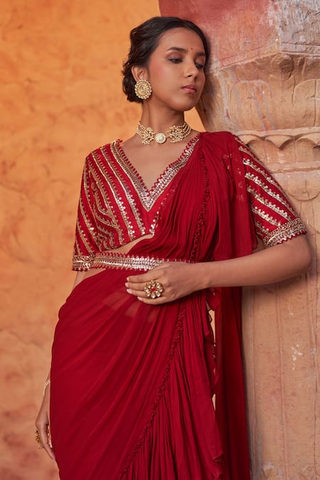 Buy_NIDHIKA SHEKHAR_Red Silk, Georgette, Linen Sequins, Beads Lok Rang Pre-draped Ruffle Saree Set _Online_at_Aza_Fashions