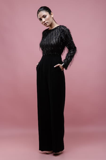 Pocket Stories Black Microfiber, Georgette Round Neck Tassel Detailed Jumpsuit Online at Aza Fashions Pocket Stories_Black Microfiber, Georgette Round Neck Tassel Detailed Jumpsuit _Online_at_Aza_Fashions