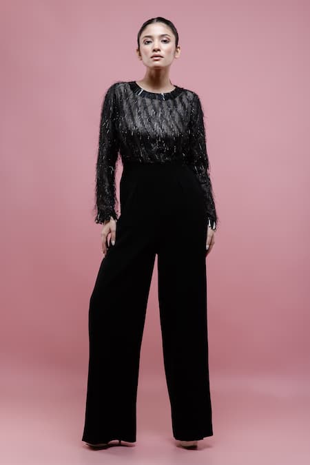Buy Pocket Stories Black Microfiber, Georgette Round Neck Tassel Detailed Jumpsuit Online at Aza Fashions Buy_Pocket Stories_Black Microfiber, Georgette Round Neck Tassel Detailed Jumpsuit _Online_at_Aza_Fashions