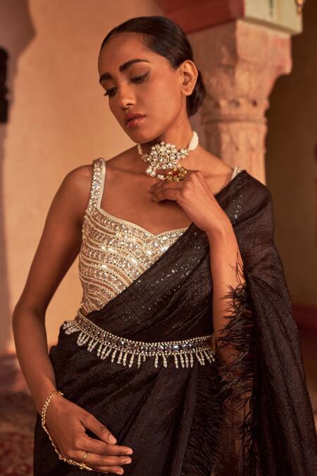 Shop_NIDHIKA SHEKHAR_Black Silk Sequins, Feathers, Beads Deccan Tyohaar Pre-draped Saree Set _Online_at_Aza_Fashions