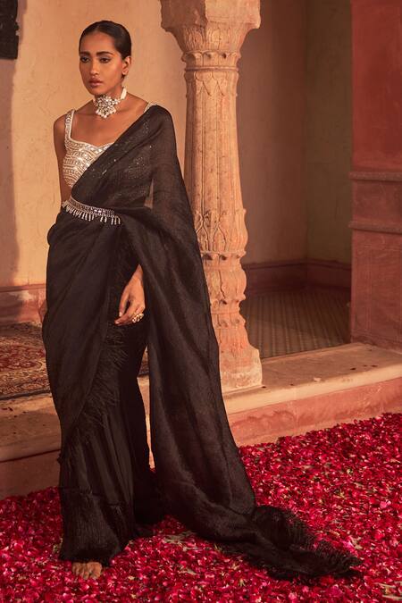 NIDHIKA SHEKHAR_Black Silk Sequins, Feathers, Beads Deccan Tyohaar Pre-draped Saree Set _at_Aza_Fashions
