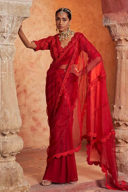 NIDHIKA SHEKHAR_Red Silk, Organza, Georgette Lal Kesar Embroidered Pre-draped Saree With Blouse _Online_at_Aza_Fashions