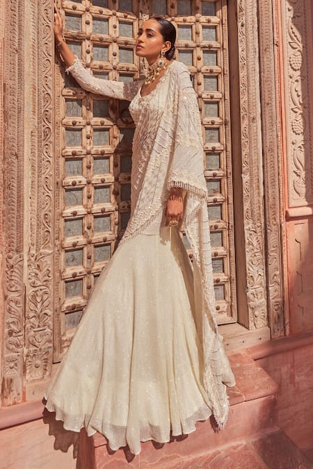 Buy_Nidhika Shekhar_Ivory Silk, Georgette, Linen Sequins, Beads Embroidered Pre-draped Lehenga Saree _Online_at_Aza_Fashions