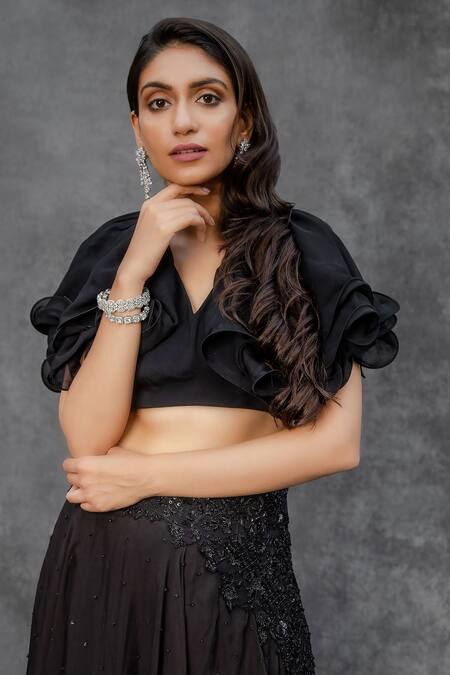 Sunita Bhandari_Black Viscose, Organza Cut Work, Embroidered Lehenga And Ruffle Blouse Set _Online_at_Aza_Fashions