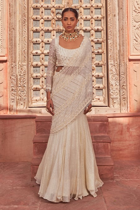 Shop_Nidhika Shekhar_Ivory Silk, Georgette, Linen Sequins, Beads Embroidered Pre-draped Lehenga Saree _Online_at_Aza_Fashions