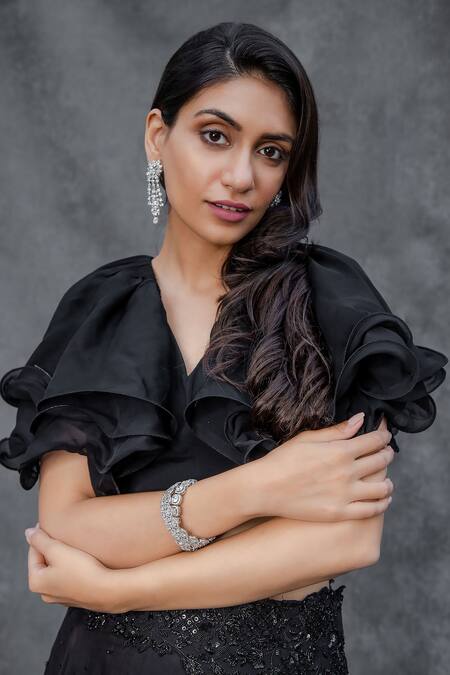 Buy_Sunita Bhandari_Black Viscose, Organza Cut Work, Embroidered Lehenga And Ruffle Blouse Set _Online_at_Aza_Fashions