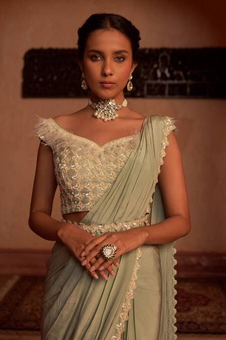 Buy_Nidhika Shekhar_Green Silk Crepe Embroidery Feather One Udaan Utsav Pre-draped Saree Set _Online_at_Aza_Fashions