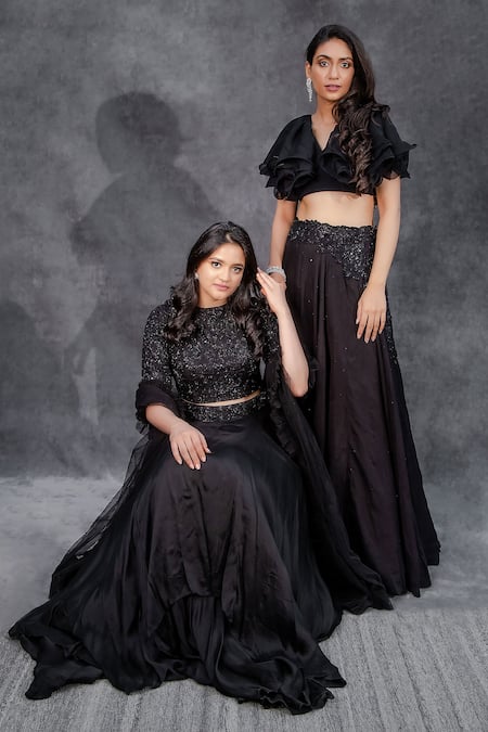 Shop_Sunita Bhandari_Black Viscose, Organza Cut Work, Embroidered Lehenga And Ruffle Blouse Set _Online_at_Aza_Fashions