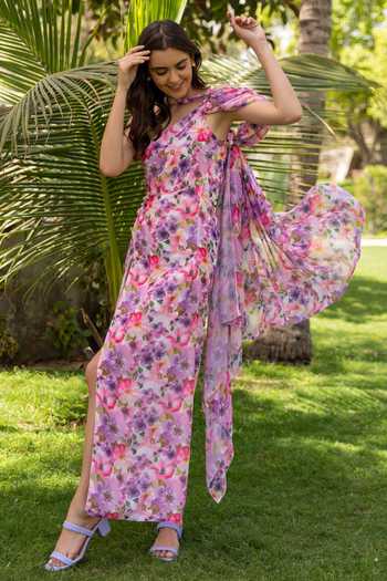 Shop B'Infinite Purple Georgette Floral Pattern Asymmetric Slit Dress Online at Aza Fashions Shop_B'Infinite_Purple Georgette Floral Pattern Asymmetric Slit Dress_Online_at_Aza_Fashions
