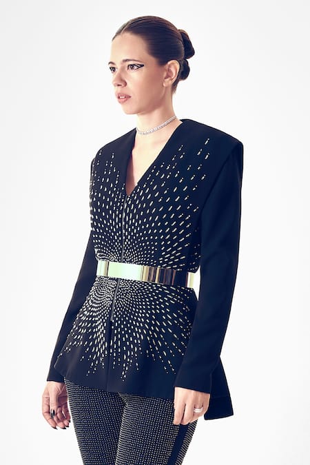 Rohit Gandhi + Rahul Khanna_Blue Crepe Crystals V-neck Aureole Embellished Jacket And Trouser Set _Online_at_Aza_Fashions