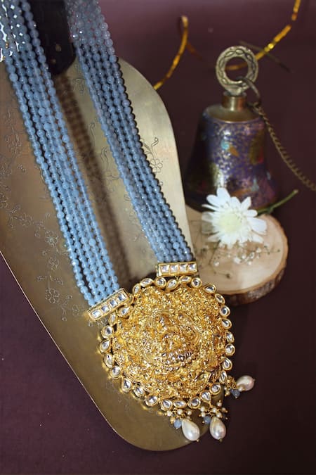 Nayaab By Sonia_Grey Zamani Jadau Temple Pendant Necklace _Online_at_Aza_Fashions