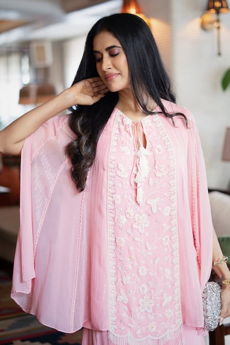 Buy_Keith Gomes_Pink Georgette Sequins Round Neck Embellished Cape Tunic And Palazzo Set _Online_at_Aza_Fashions