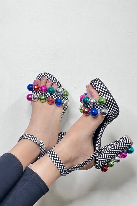 The Episode Multi Color Beads, Applique Disco Bite Checkered Pattern Heels Online at Aza Fashions The Episode_Multi Color Beads, Applique Disco Bite Checkered Pattern Heels _Online_at_Aza_Fashions