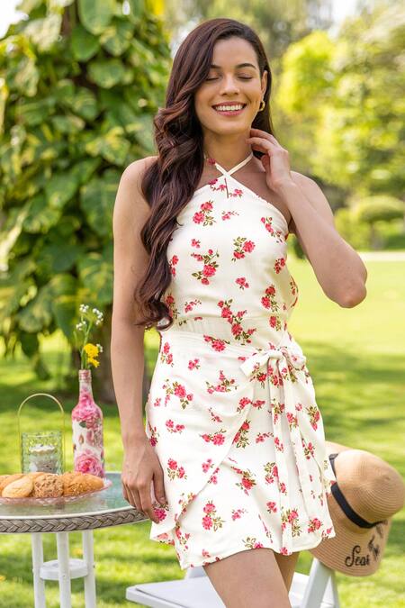 B'Infinite_White Rayon Orchid Tie Up Cami Dress_Online_at_Aza_Fashions