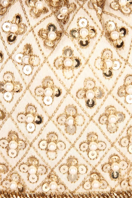 Buy The Purple Sack Beige Embroidery, Tassels Checkered Potli Online at Aza Fashions Buy_The Purple Sack_Beige Embroidery, Tassels Checkered Potli _Online_at_Aza_Fashions