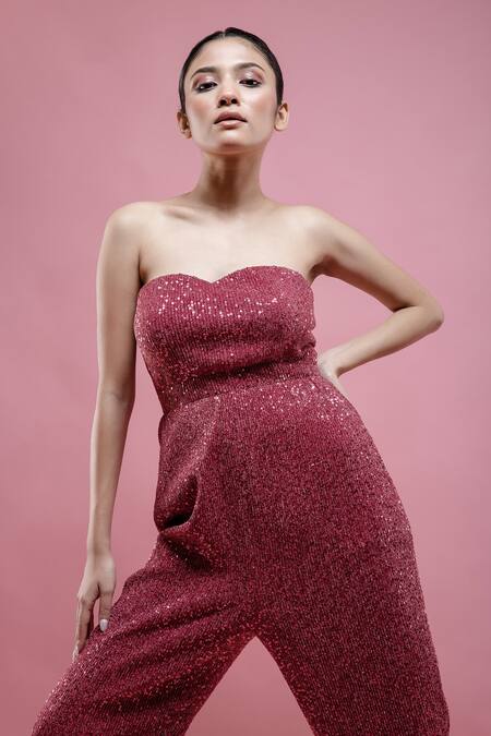 Shop_Pocket Stories_Pink Lycra Sequins Sweetheart Neck Embroidered Corset Jumpsuit_Online_at_Aza_Fashions