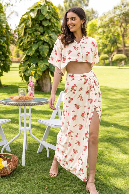 Shop_B'Infinite_White Rayon Orchid Crop Top And Draped Skirt Set_Online_at_Aza_Fashions