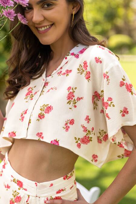 B'Infinite_White Rayon Orchid Crop Top And Draped Skirt Set_at_Aza_Fashions