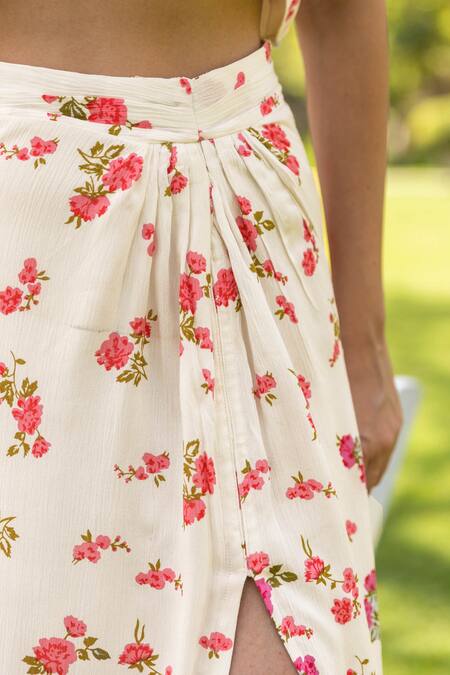 Buy_B'Infinite_White Rayon Orchid Crop Top And Draped Skirt Set