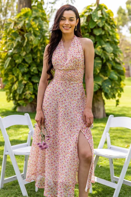 Pink floral 2024 halter dress