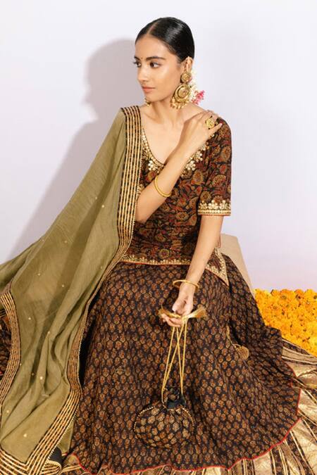 Shop_Shrutkirti_Black Cotton Printed Ajrakh Round Lehenga Set _Online_at_Aza_Fashions