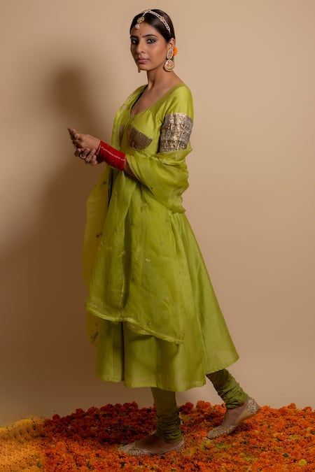 Kalakari by Akanksha_Green Silk, Chanderi, Organza, Cotton Gota Patti, Embroidered Anarkali Set _Online_at_Aza_Fashions