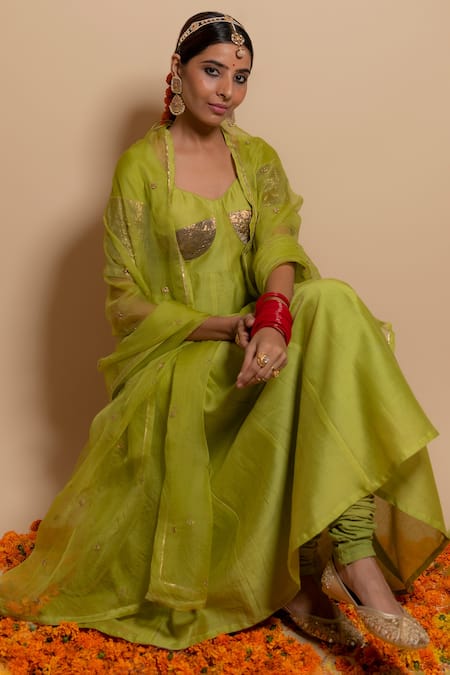 Buy_Kalakari by Akanksha_Green Silk, Chanderi, Organza, Cotton Gota Patti, Embroidered Anarkali Set _Online_at_Aza_Fashions