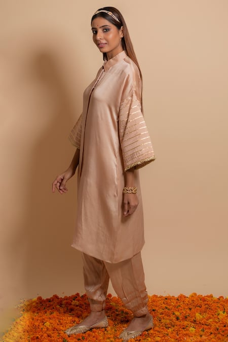 Kalakari by Akanksha_Beige Modal, Satin Gota Patti Shawl Neck Ribbon Embroidered Kurta Set _Online_at_Aza_Fashions