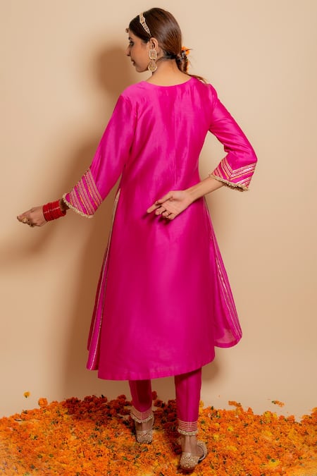 Kalakari By Akanksha_Fuchsia Silk, Organza, Cotton Gota Patti, Chanderi Embroidered A Line Kurta Set _Online_at_Aza_Fashions