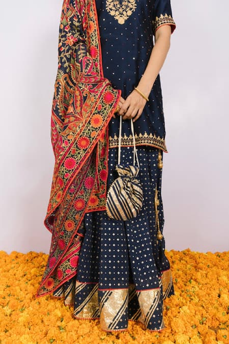 Shrutkirti_Blue Pure 70 Gms Chanderi Woven Geometric Round Lehenga Set _at_Aza_Fashions