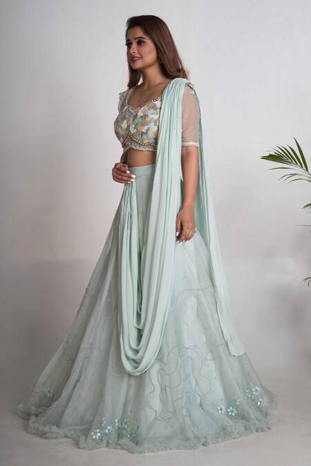 Buy_Merge Design_Blue Net, Organza, Chiffon Embroidery, Pearls, Sequins Sweetheart Lehenga Set _Online_at_Aza_Fashions