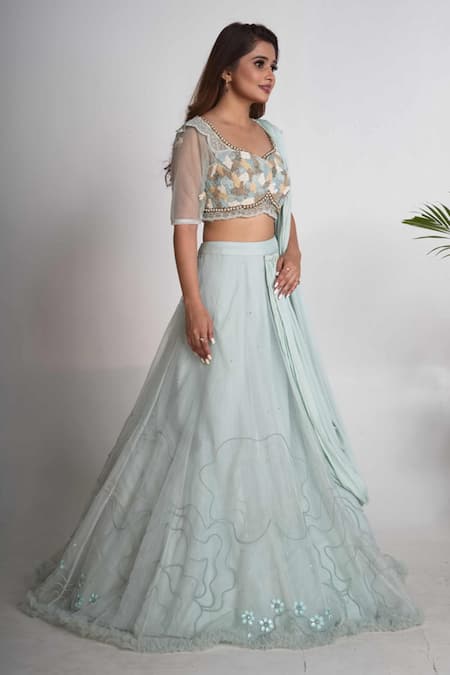 Shop_Merge Design_Blue Net, Organza, Chiffon Embroidery, Pearls, Sequins Sweetheart Lehenga Set _Online_at_Aza_Fashions